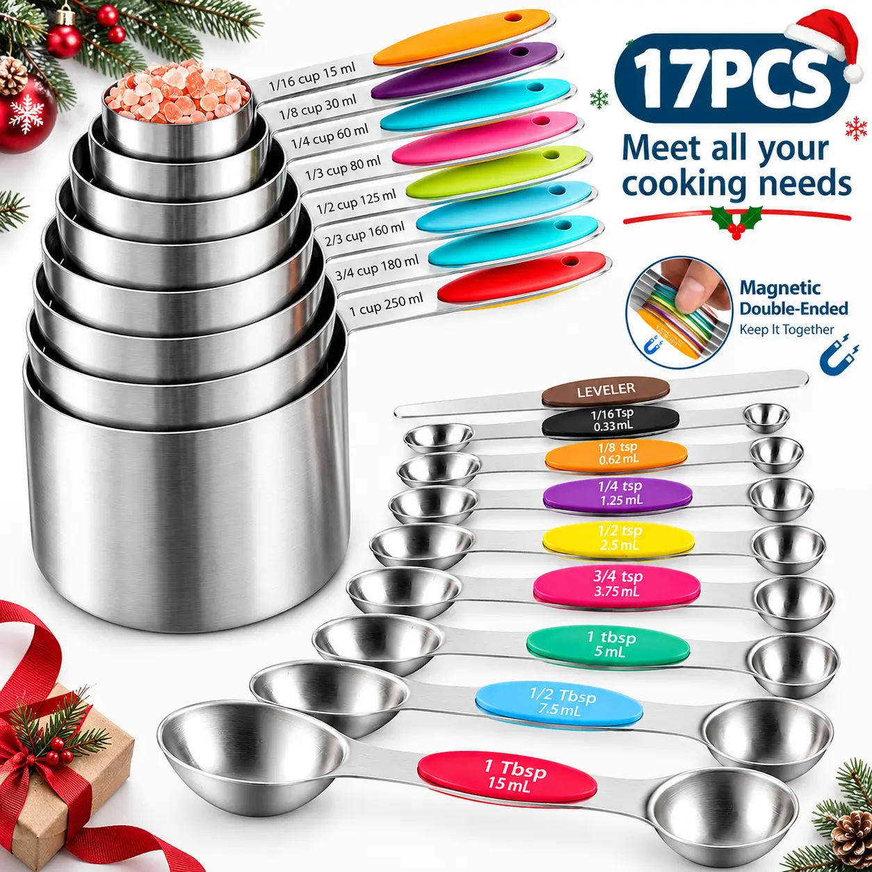 8+9-Piece Stainless Steel Measuring Cups & Magnetic Spoons Set, Metric Markings, Non-Slip Handles, Precise Dry & Liquid Measurements, Baking & Cooking Tools, Christmas Gift Idea, Black Friday Deal