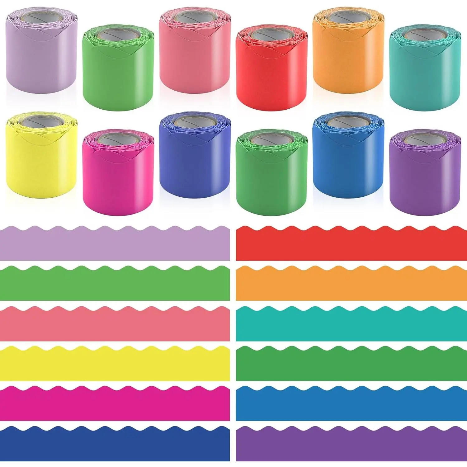 12 Rolls 393.6  Colorful Bulletin Board Borders Sets - Scalloped Borders for Bulletin Board - Bright Teachers Border Trim - Suitable for , Classroom Decor, Posters, Office, School Activities