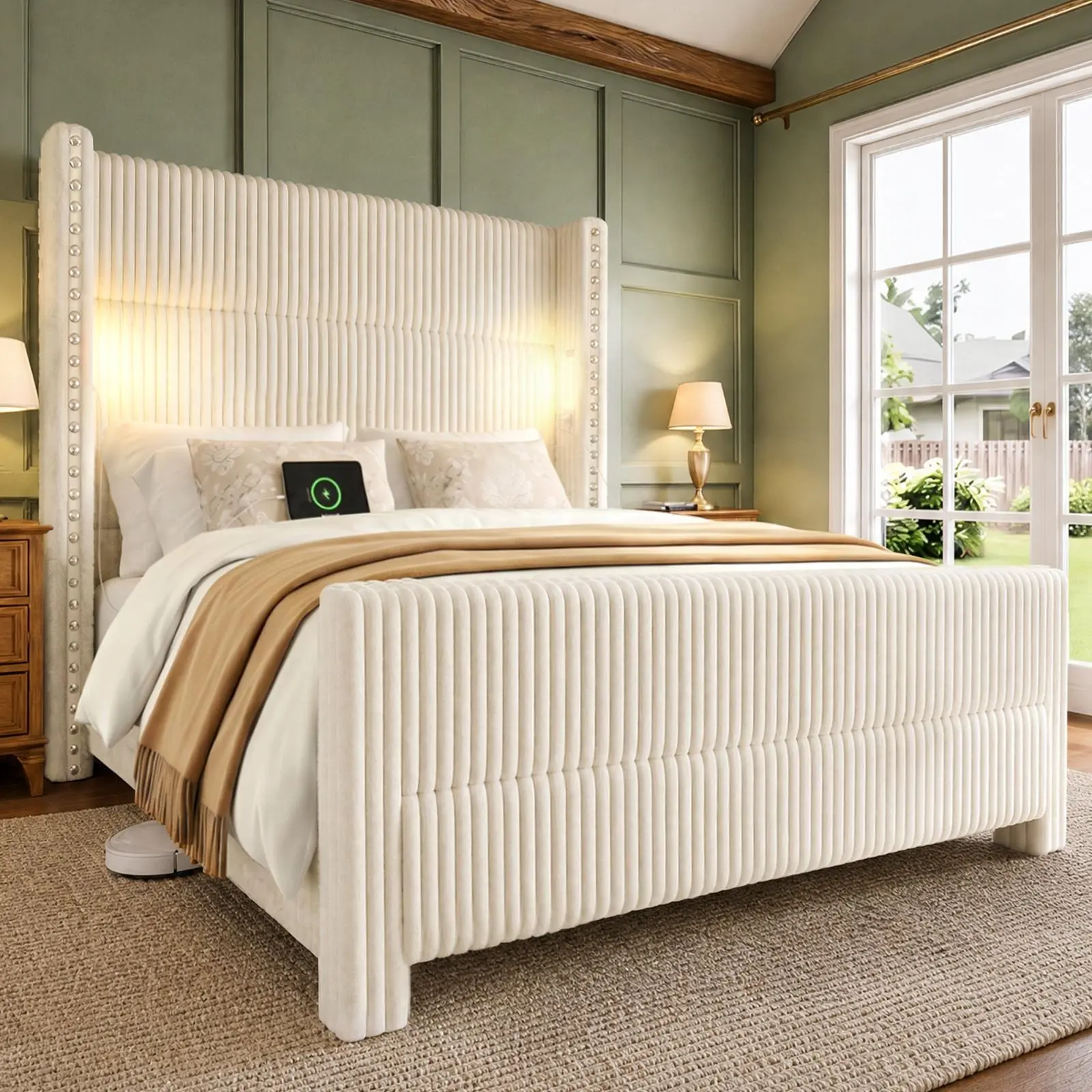 Queen Bed Frame with 56.7" Tall Wingback Headboard & Reading Lights, Corduroy Upholstered Platform Bed and Charging Station, Modern Luxury Design, Noise Free