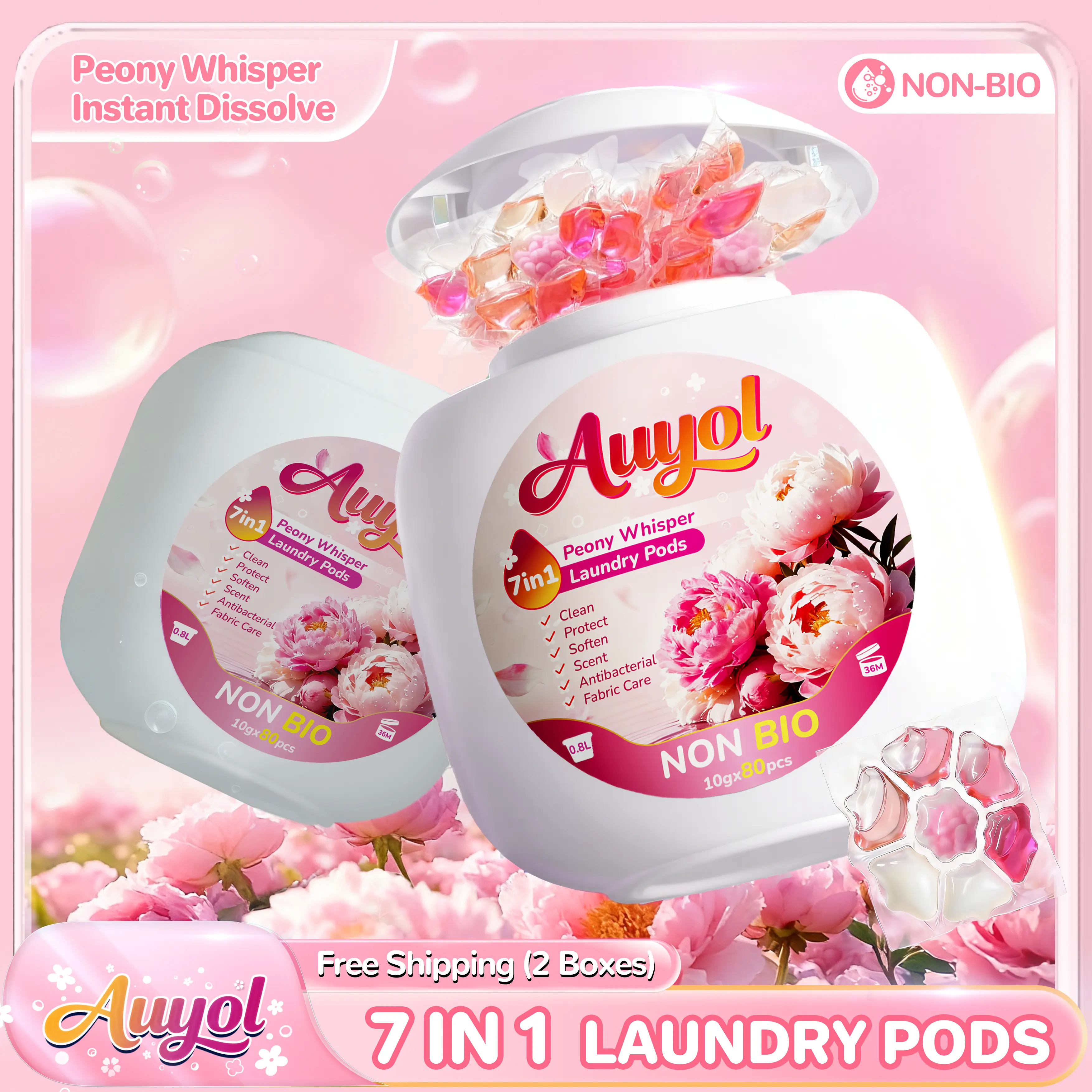 Auyol 4th Gen Laundry Capsules 7 in 1, Peony Whisper Fragrance, Quick-Dissolving Formula, Non-Bio, Powerful Clean & All-Day Freshness
