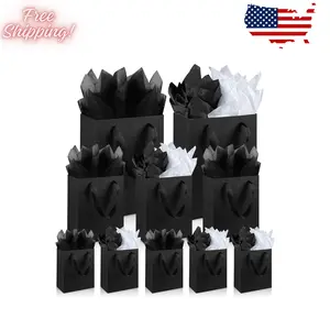 Assorted Sizes Black Gift Bags with Ribbon Handles Kraft Paper (Black 6, 9 , 12.6 Inches, 6 Inches, 9 Inches, 12.6 Inches)