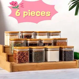 6 Pcs Wooden Lid Glass Sealed Jars 150ml Transparent Multi-Functional Food Storage Containers for Spices, Salt, Sugar, Tea, Coffee, Kitchen Organization, Dry Food Freshness, Countertop Storage, Picnic Portable Storage
