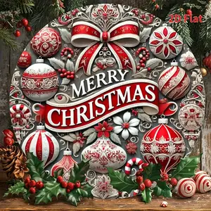 2D Flat Print Round Metal Wall Art Merry Christmas Tin Sign UV Resistant Scratch Proof Easy Hang Indoor Outdoor Decoration with Candy Cane Wreath Design Festive Holiday Home Decor Gift