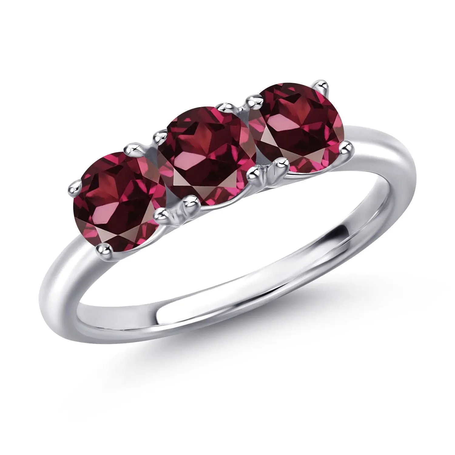 1.80 Cttw Red Rhodolite Garnet 3-Stone Engagement Ring For Women | 925 Sterling Silver | Round 5MM | Gemstone Birthstone | Three Stone Wedding Anniversary Ring For Women