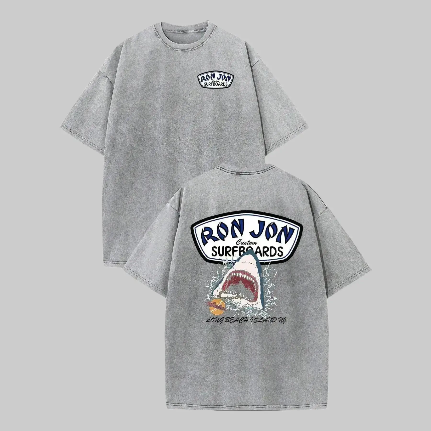 vintage acid wash grey oversized tee coastal grunge skater aesthetic ron jon surfboards shark graphic shirt long beach island nj retro summer beach outfit great white heavyweight cotton mineral wash trendy streetwear unisex tiktok fashion
