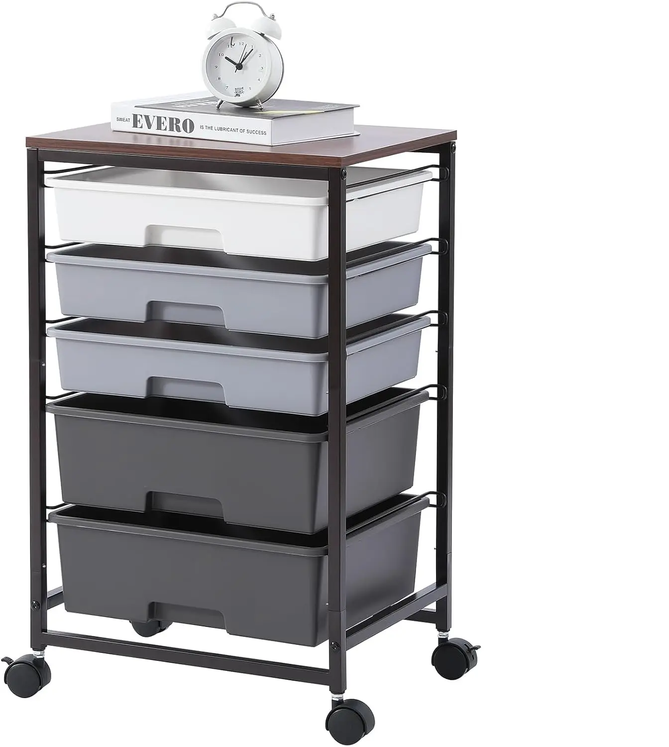 SYKIARIOL Dark Grey 5-Tier Rolling Utility Cart with 5 Drawers, Wooden Tabletop & Lockable Wheels, Home Organizer Storage Trolley for Craft Supplies, Home Office
