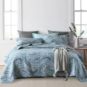 Cotton Bedspread Sets, Reversible Bedding Coverlet Sets Comforter, Floral Paisley Bedspread (Blue, Queen Size)