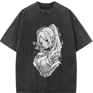Frieren × Fern Frieren: Beyond Journey's End Anime Double Printed Vintage Washed Tee Unisex Oversize Anime Manga Washed Heavyweight Cotton T-shirt boyfriend  tees wicked  merchandise