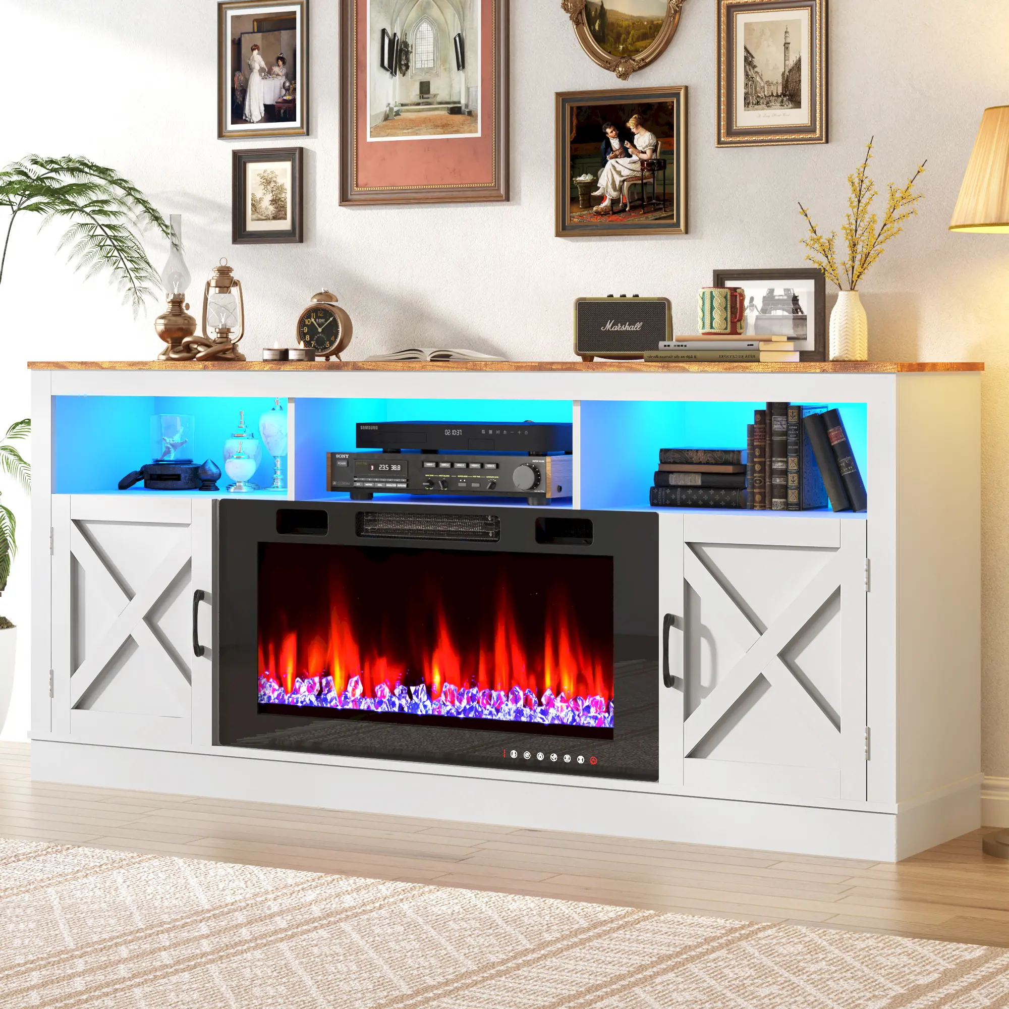 Farmhouse TV Stand with LED Fireplace, 70" Entertainment Center with Barn Doors for 80" TVs, Farmhouse Tv Cabinet, Fireplace Tv Stands