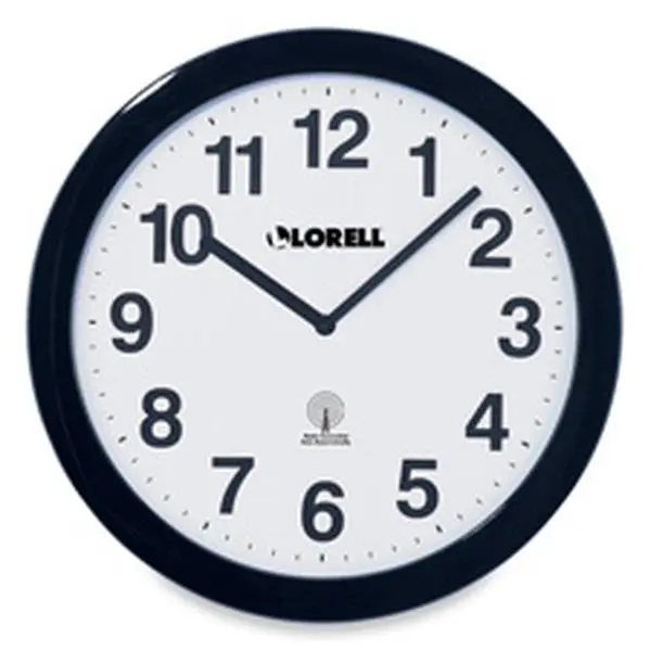 Lorell LLR60997 Round Radio-Controlled Wall Clock - 12in - Arabic Numerals - White Dial - Black Frame - Accurate Sync (1 Sec per 1M Years) - Daylight Save Adjustment - Wall Mounted - ABS Plastic Cover, Room Decor, Electronic Wall Clocks