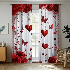 2-piece Valentine's Day Red Rose and Heart Butterfly Print Door Curtain - Polyester Rod Pocket Curtain, Suitable for Living Room, Bedroom (Rod Not Included), Home Decoration Curtain