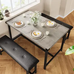 【GARVEE】Kitchen 2 Upholstered Benches Dining Table Set for 4, Retro Grey