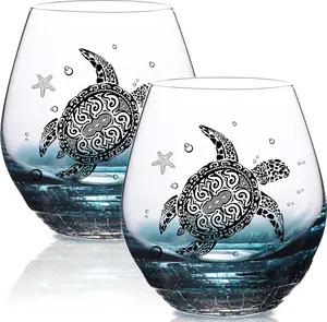 Sea Turtle Wine Glasses  Crackle Teal Design Hand Blown Tortoise Wine Tumbler for Women, Birthday/Housewarming/Christmas Gifts - Drinkware, Bottle Cup Mug