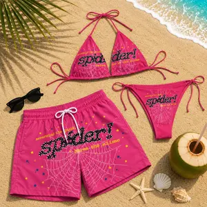 Hot Pink Spider Web Couple Swimwear Set – Y2K String Bikini for Women & Matching Men’s Swim Trunks, Beach Vacation Outfit