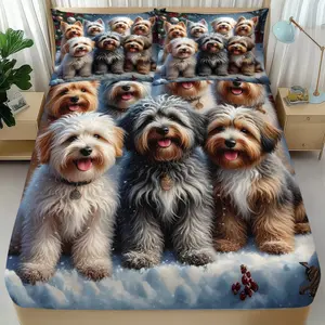 Christmas Yorkshire Terrier Snow Cute Fitted Sheet Set (3 Pcs): Includes 1 Fitted Sheet + 2 Pillowcases (no Filler). Features Yorkshire Terrier-in-Christmas-snow, Art Printing & Durable Fabric. Ideal for Festive Lovers, Pet Lovers; Fits Bedrooms, Dorms