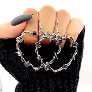 Barbed wire heart earrings | Gothic heart earrings | Barbed wire jewelry | goth aesthetic jewelry | Heart drop earrings | rose details