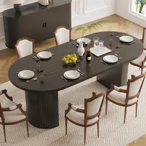 70.8 Inch Dining Table for 4-6, Oval Dining Room Table with Curved Fluted Wood Strip Base, Mid-Century Modern Kitchen Tables with Footpads, Dinner Tables for Living Room, Dining Room