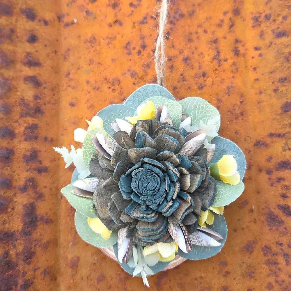 Handcrafted Navy Wood Flower & Seashell Christmas Ornament, Pine Wood Disk with Yellow Elements, 3.5" Diameter Unique Home Decor Hanging Piece