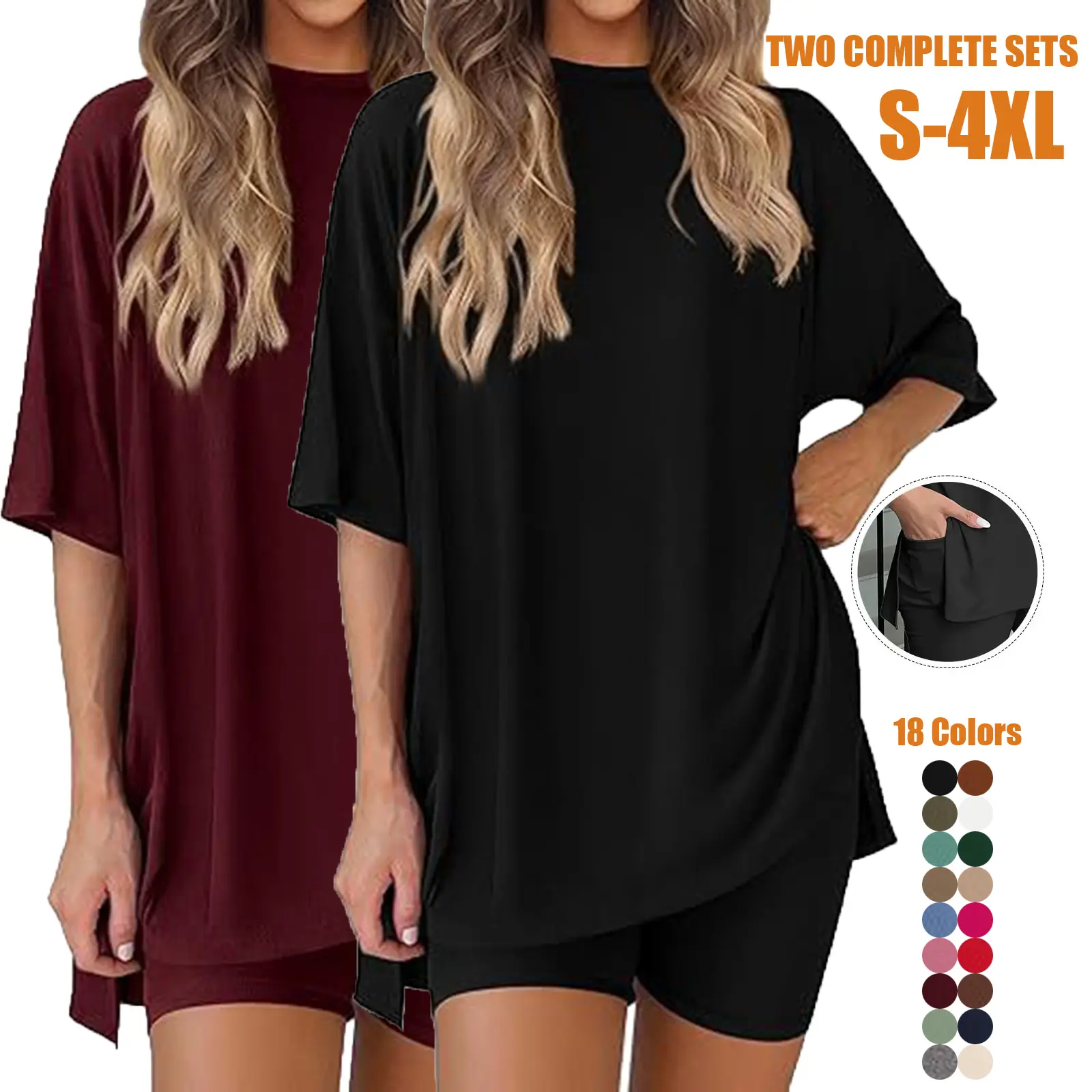 Women's Relaxed Fit Lounge Set - Stretchy Tunic Top & Biker Shorts 2-Piece Outfit, S-4XL
