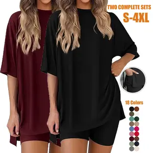 Women's Relaxed Fit Lounge Set - Stretchy Tunic Top & Biker Shorts 2-Piece Outfit, S-4XL