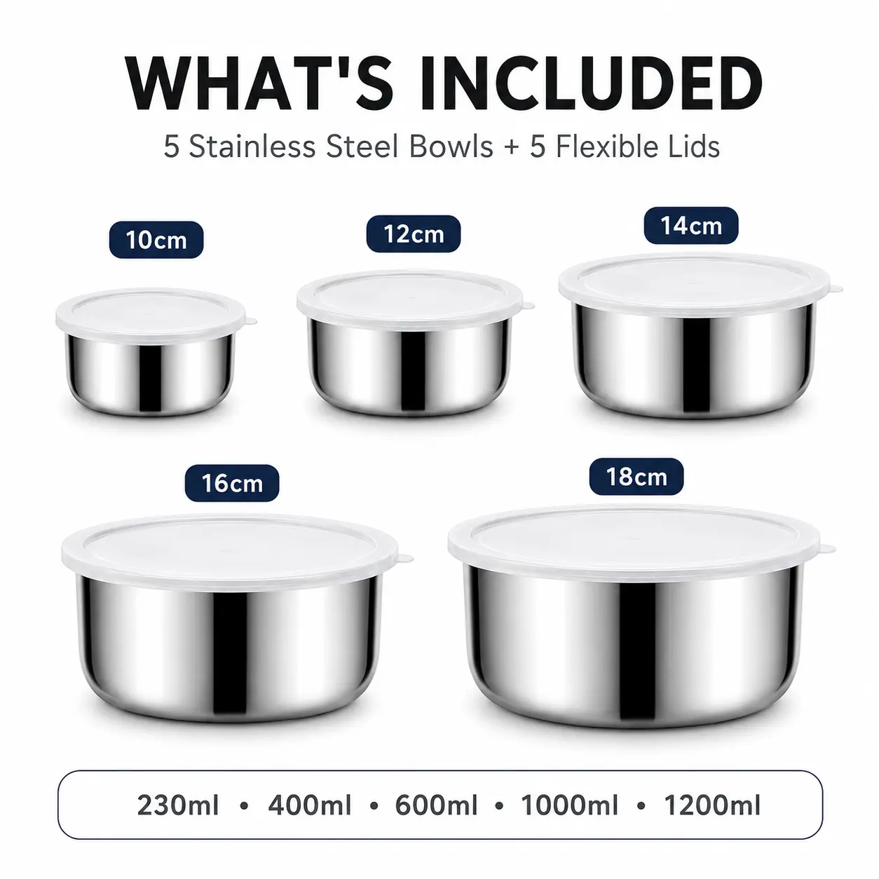 5-Piece Stainless Steel Food Storage Bowls with Flexible Lids, Round Nesting Container Set, Reusable Stackable Meal Prep Containers, 230ml-1200ml, for Leftovers, Fruit, Snacks, Refrigerator, Kitchen, Picnic, Camping & Lunch