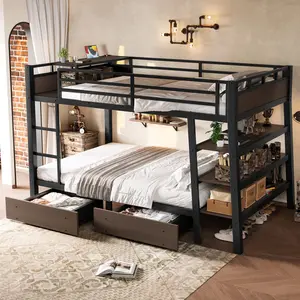 Full over Full Bunk Bed with Storage Shelves , LED light strip, and USB power strip, Heavy-Duty Metal Bunk Bed Frame with 2 Drawers, Noise Fee, for Teens Adults, Black