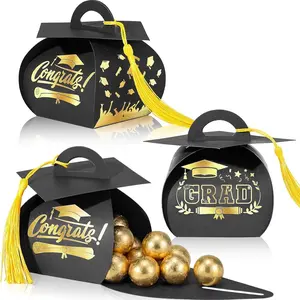 30 Pcs Graduation Cap Gift Box Graduation Party Favors Candy Boxes Treat Box with Tassel Table Centerpieces Class of 2026 Grad Decorations(Black, Gold)