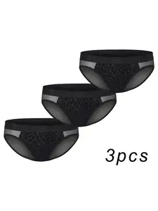 Men's 3PCS Low-Rise Leopard Print Mesh Briefs - Nylon Lace Bikini Briefs with Ultra-Comfort Dual-Layer Mesh and Tulle, Quick-Dry, Breathable