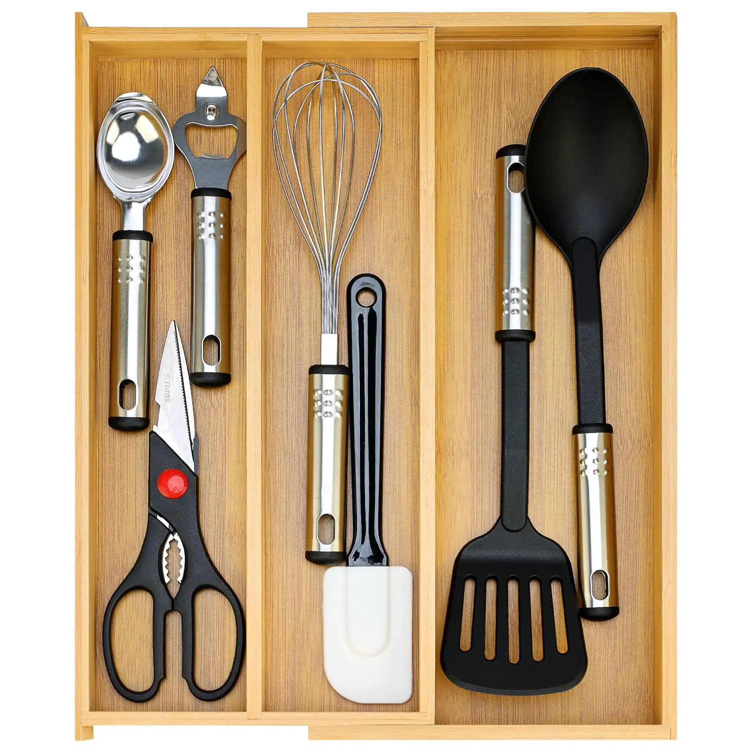 Large Bamboo Kitchen Utensil Drawer Organizer Expandable Silverware Tray | Big Cooking Utensil Drawer Divider Spoon Flatware Organizer Storage Adjustable Wooden Cutlery Holder Tool Knife Spatula Tray