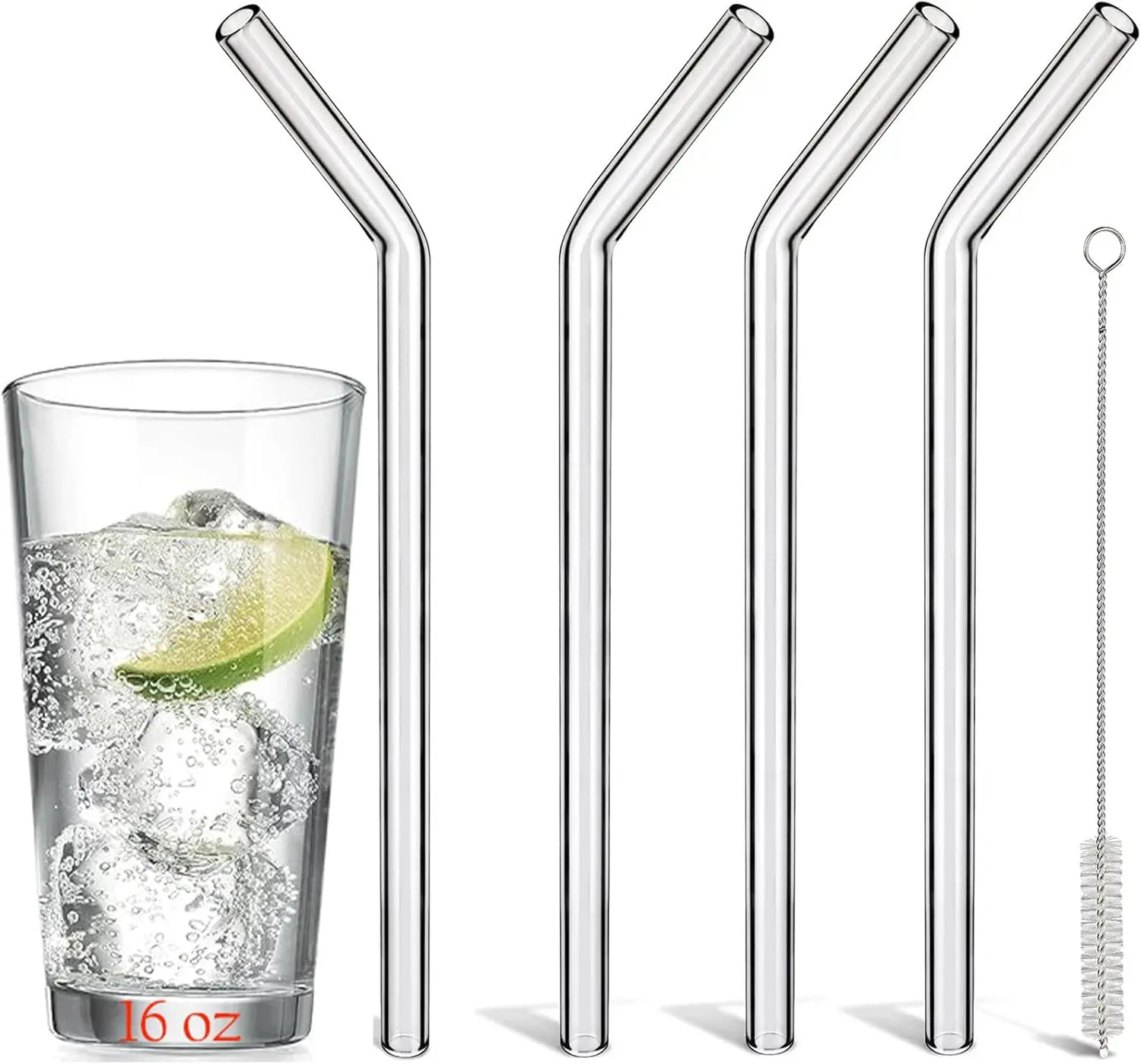 Glass Straws Shatter Resistant Bent 9 inch 8mm, Clear Glass Drinking Straws for16 oz Cups, , , Durable and Thick  for Hot & Cold Drinks