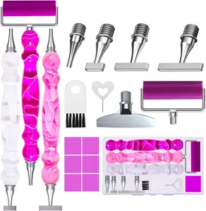 17PCS Ergonomic Diamond Art Pen Kits, with Multifunctional Metal Stainless Steel Screw Thin 1, 3, 6, 9, Tips, Correction Placers Roller Accessories (Purple + Pink + White + 5 PCS Tips)