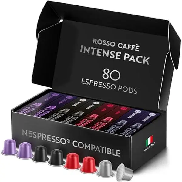 ROSSO CAFFÈ Espresso Coffee Pods for Nespresso Original Machines - 80 Capsules Dark Roast Intense Pack, 4 Strong and Robust Flavors - Made in Italy Chocolate Bean Caramel Beverage