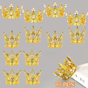 30 Pieces Crowns for Flower Bouquets Crown Cake Topper 3 Style Small Crown for Flower Accessories Mini Crown Cupcake Toppers for Lady Bridal Wedding Girl Birthday Baby Shower Party Cake Decor