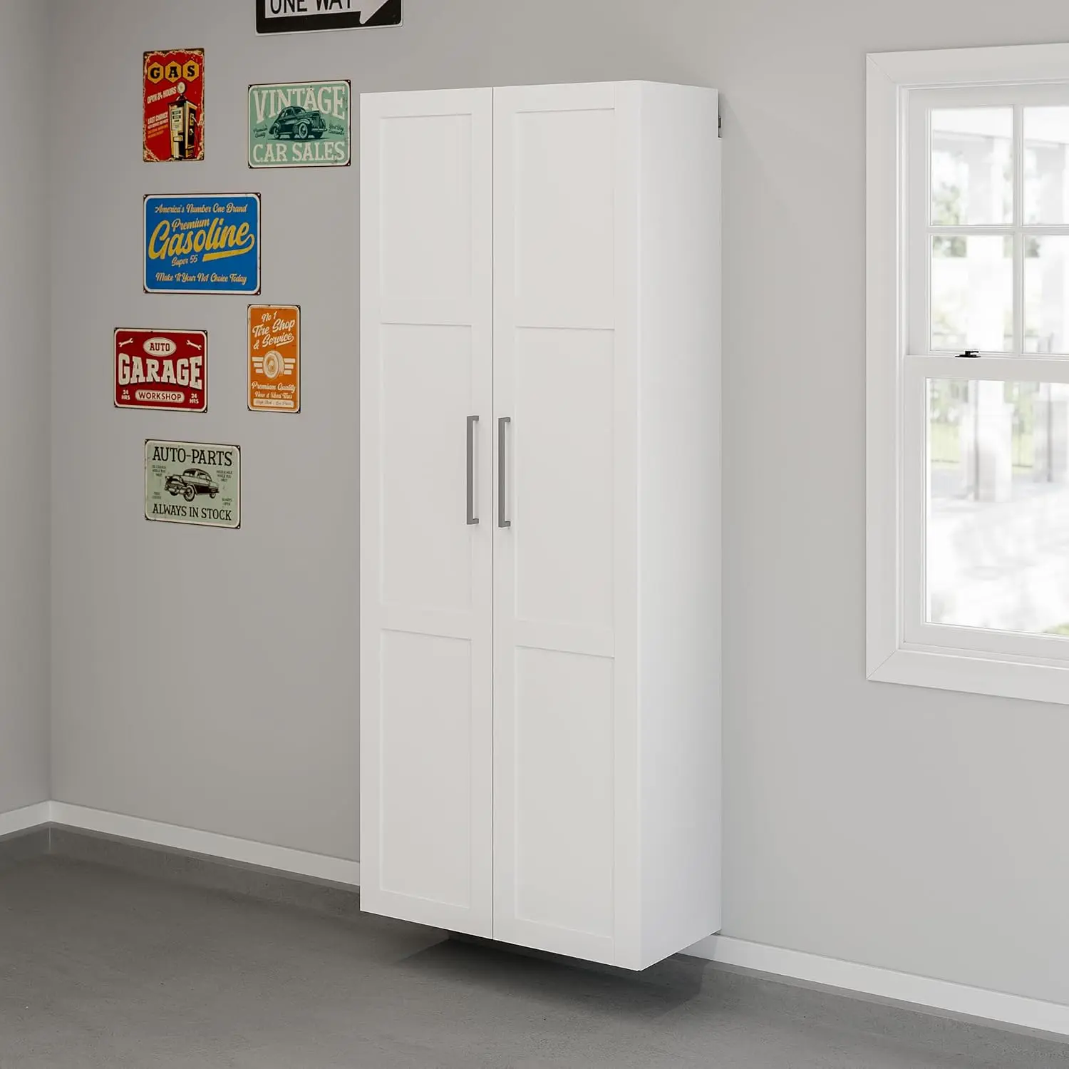 Sauder GarageCore 83" Shallow Cabinet & Door Bundle, White Finish