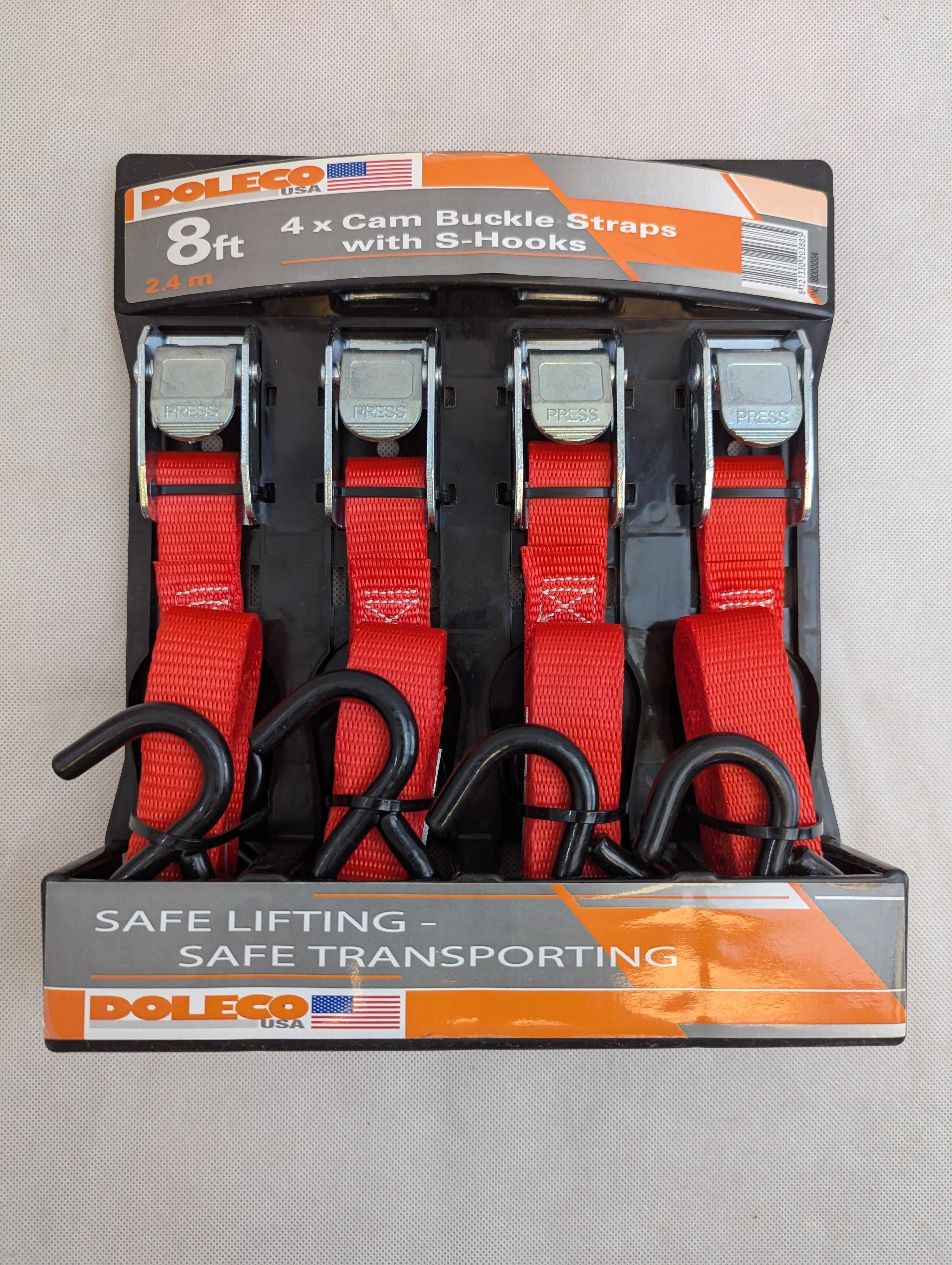 Doleco USA Tie-Down Cam Buckle Strap 1" x 8' Lashing Strap (Pack of 4)