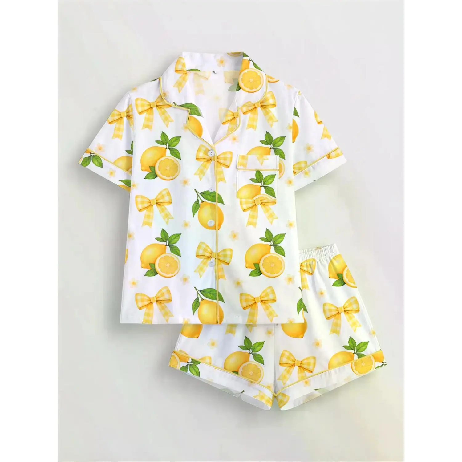 Women's Lemon & Bowknot Print Short Sleeve Pyjama Set - Button-Up Top & Elastic Waist Shorts, All-Season Casual Sleepwear & Loungewear