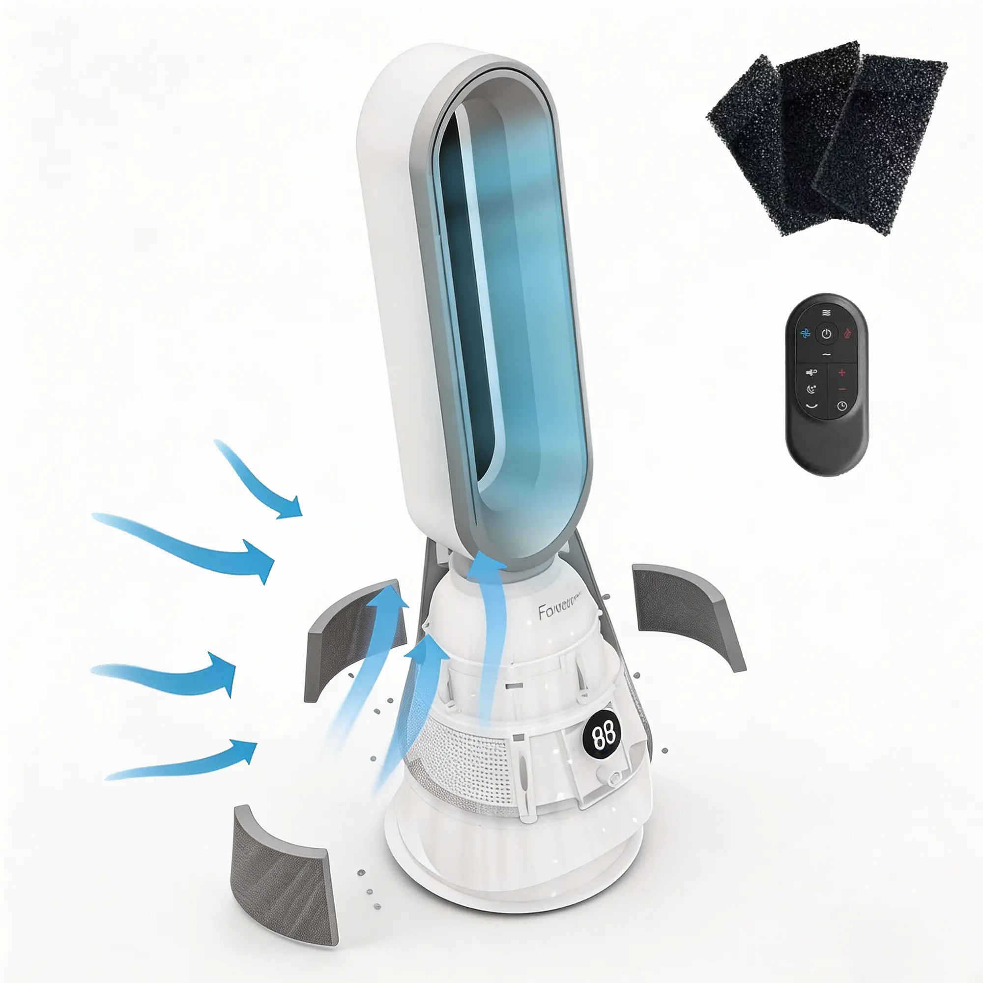 25in Corded Bladeless Heater Fan - 1300 Watts Heating & Cooling & Filter Combo Tower Fan, 80° Oscillating, Remote Control, 9H Timer, 8 Speeds, Portable Quiet, AC Plug, for Indoor Kids Room, Bedroom, White & Silver
