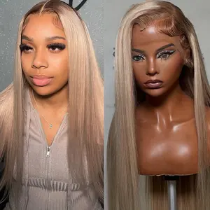 32 Inches Brown Roots Ash Blonde Colored Straight Human Hair Wig 13X4 Lace Frontal Wigs Transparent Lace 200% Density Ombre Ash Blonde Pre-Plucked With Baby Hair Human Hair Wig For Women