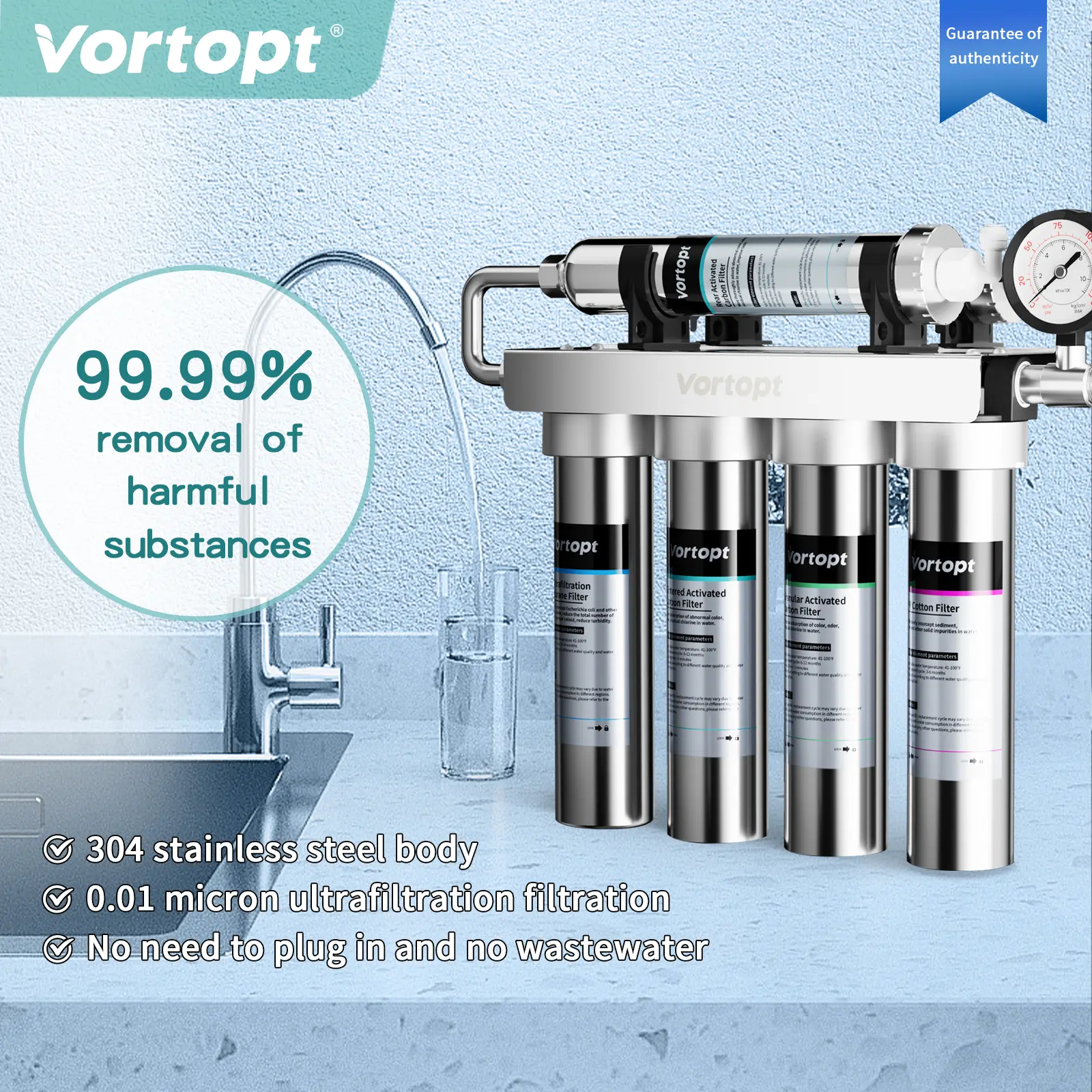 Vortopt Model U1 304 Stainless Steel Ultrafiltration Water Purifier - 5-Stage Filter System, Reduces Heavy Metals/Bad Taste/Odors, Real-Time Water Pressure Monitoring, Indoor Cartridge Pack for Households