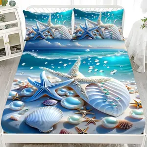 Bed Sheet Set - 3-Piece 2D Flat Printing Seashell and Starfish Pattern Mattress Protector Set in Ten Sizes (1*Fitted Sheet + 2*Pillowcases, no filling), Soft and Comfortable Bedding Set, Suitable for Home Bedrooms and Guest Rooms