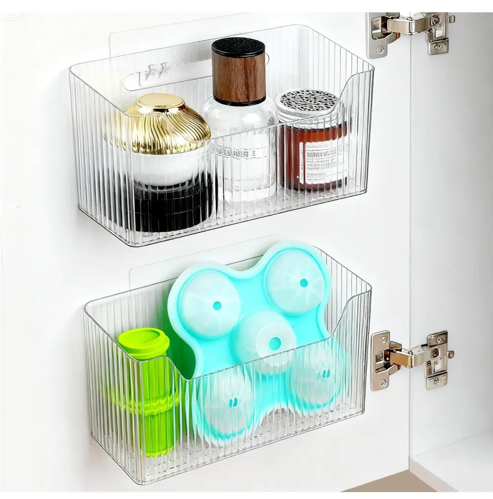 2 Pack Cabinet Door Organizer, Adhesive Wall Mounted Organizer Bins, Clear Storage Caddy, Stackable Basket for Kitchen Cabinets, Bathroom, Pantry, Office, and Tabletop Organization