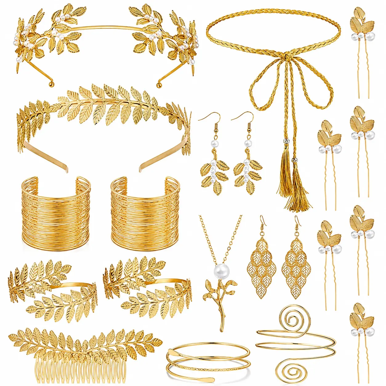 17 Pcs Greek Goddess Costume Accessories Set for Women Golden Leaf Headband Hair Clips Upper Earrings Arm Cuff Earrings Belt Toga Party Jewelry