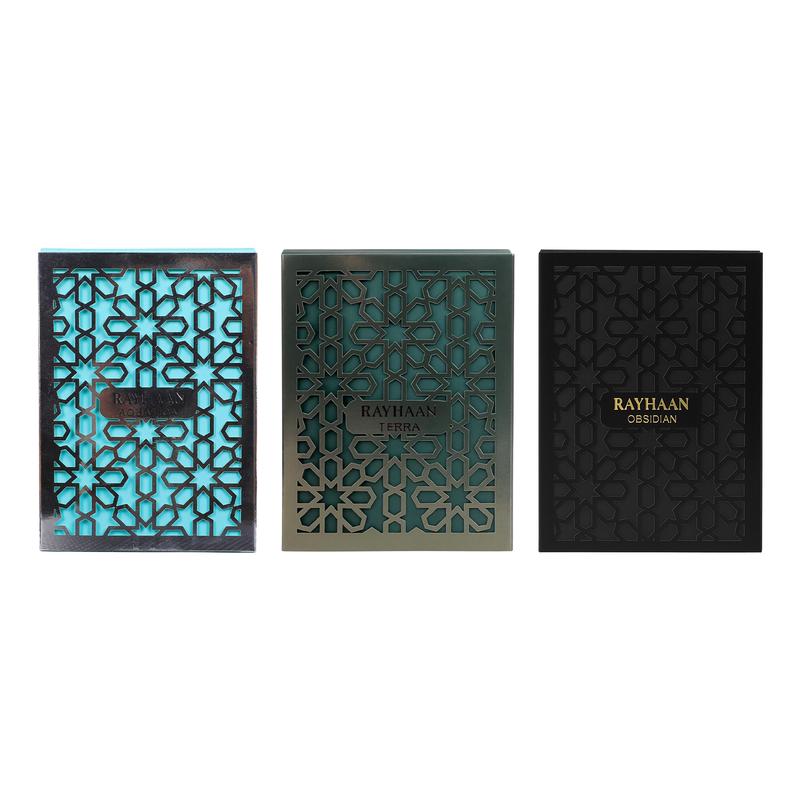 Rayhaan 3 Piece New Launch Bundle for Unisex (3.4 Ounce, Rayhaan Aquatica Eau de Parfum + 3.4 Ounce, Rayhaan Terra Eau de Parfum + 3.4 Ounce, Rayhaan Obsidian Eau de Parfum)