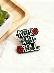 Rock & Roll Themed Enamel Pin | "Rock and Roll" Brooch with Red Roses | Edgy Lapel Pin for Music Enthusiasts & Rock Fans | Gift for Music Lovers & Bold Aesthetic Fans | Durable Metal Pins