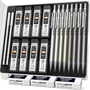 Nicpro 8 Pack 0.5mm & 0.7mm Metal Mechanical Pencil Set, Lead Drafting Pencil for Artist Writing, Sketching, Drawing with 8 Tubes HB Lead Refills, 3PACK 4B Eraser, 9PACK Eraser Refills - With Case