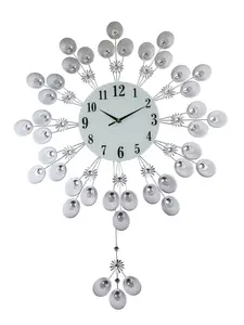 Large Round Wall Clock Openwork Sunburst Starburst Design with flower accents and Working Pendulum in Silver