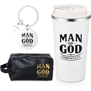 Skylety 3pcs Father's Day Man of God Gift for Men Christian Gifts for Pastors Men 17 oz Stainless Steel Tumbler with Lid Religious Leather Makeup Bag Keychains for Church Dad Husband(White)