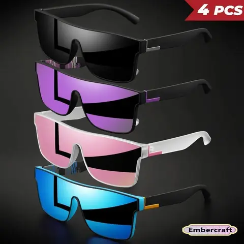 Men's Unisex Y2K Shield Sunglasses 4-Pack - Polarised Lens UV400 HDPE Semi Rimless Wraparound Sport Eyewear, Plain 2000s Aesthetic Shades for Driving, Festival & Daily OOTD