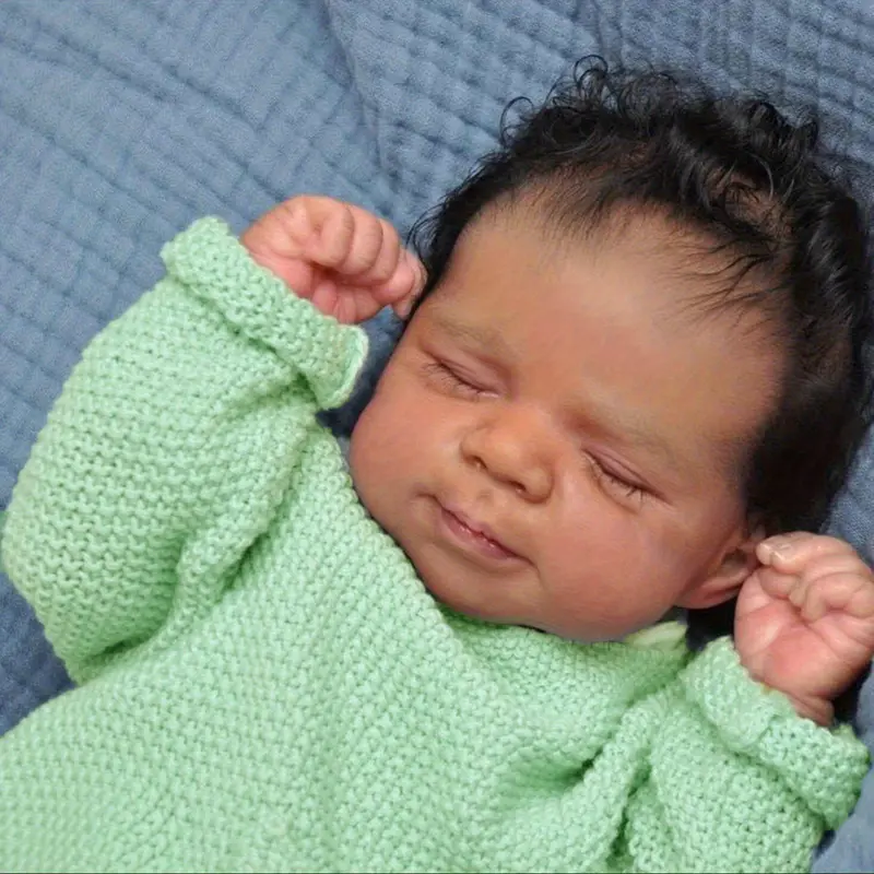 45 CM Asleep Reborn Baby Doll Toy Cloth Body Vinyl Limbs Lifelike Black Brown Skin Smile Babies Doll Kid Birthday Gift Collectable Humanoid Toys Lifelike Newborn Doll (Some Parts Random, Including Pacifier, Bottle, Diaper And Clothes Set)