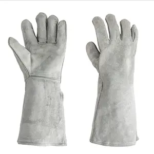 16" Leather Welding Gloves with Flame Resistant Sleeves, Heat Resistant Split Cowhide Work Gloves, Extra Long Protective Gloves for MIG TIG Stick Welding, BBQ, Fireplace, Gardening, Large, 1 Pair